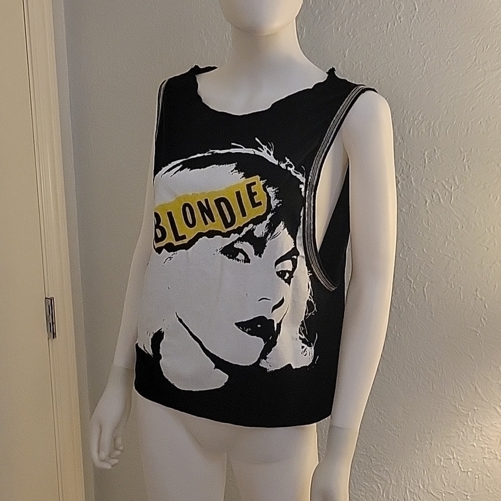 Upcycled Graphic Blondie Metallic Trim Grunge Emo Punk Festival Tank Top - Picture 2 of 7